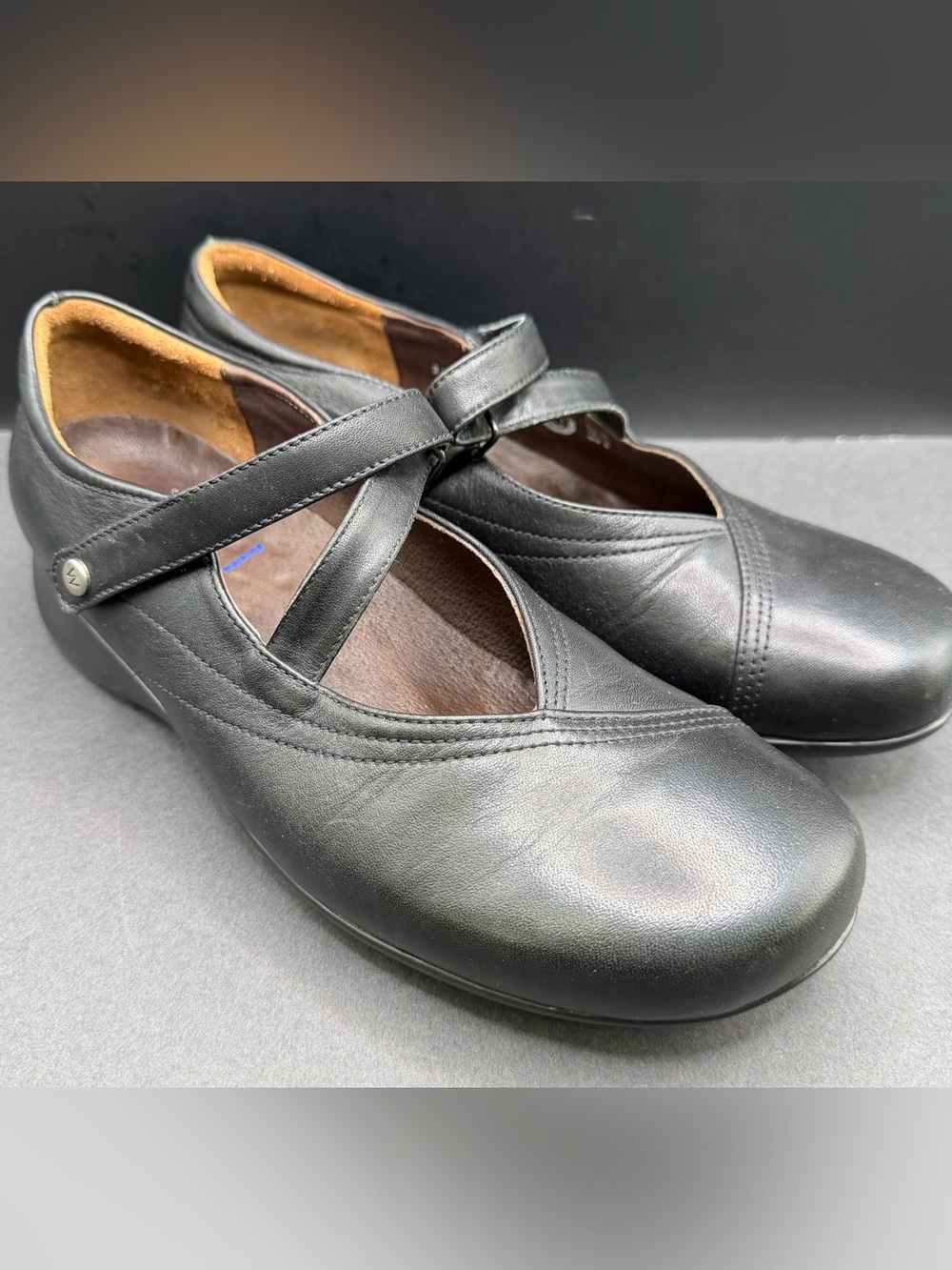 Wolky-Black Leather Cross-Strap Mary Jane Flats, Size:40